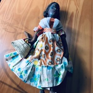 Primitive Black Fabric Sawdust Doll hand painted